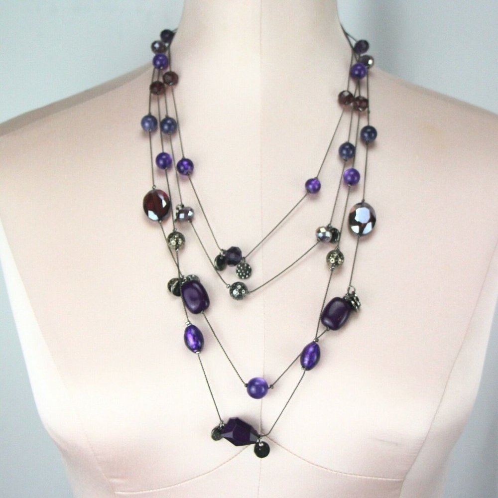Color Long Necklace 18"-21" Dark Tone with Purple Glass & Acrylic Beads